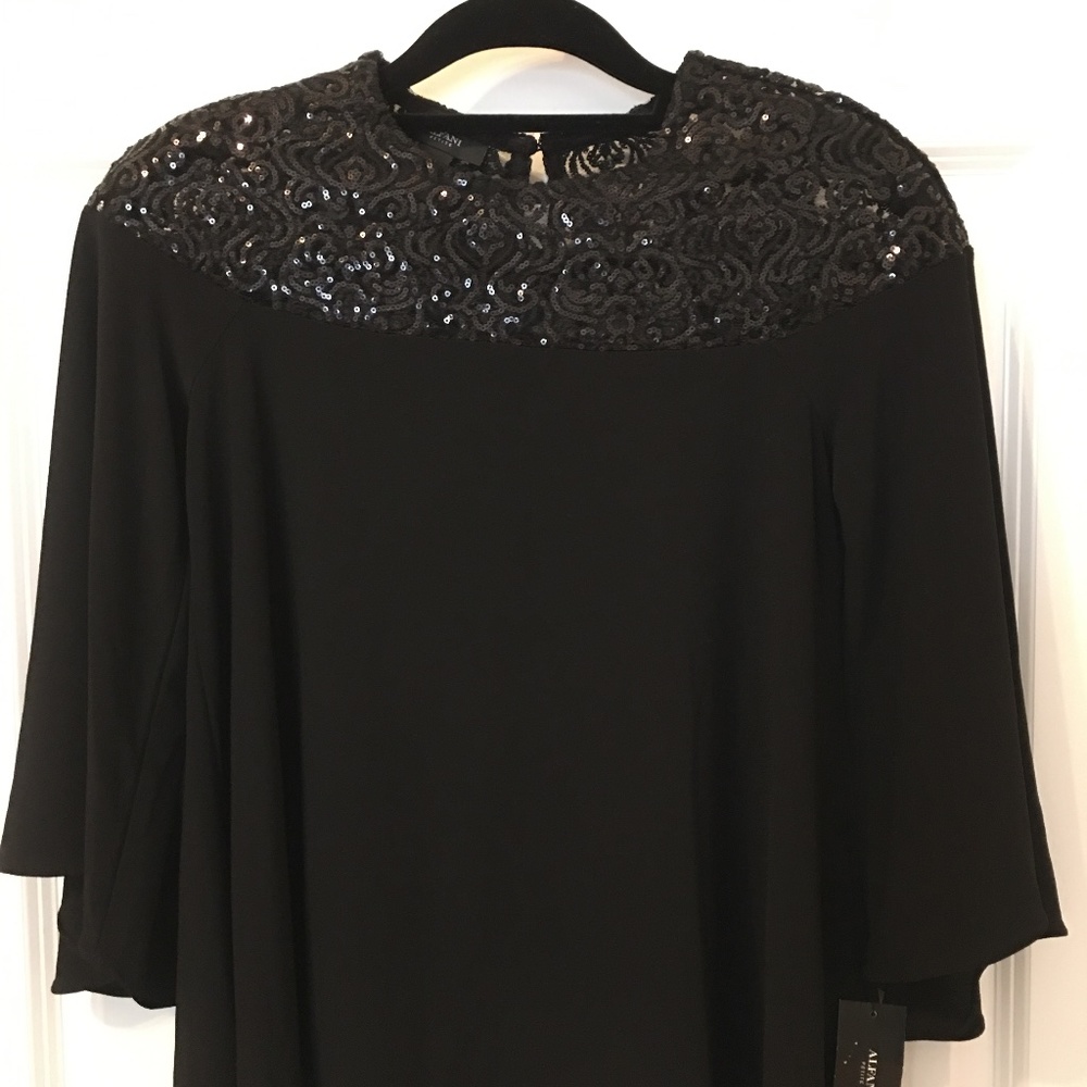 Alfani Sequin-Yoke Swing Top Deep Black Petite Small - Picture 1 of 2